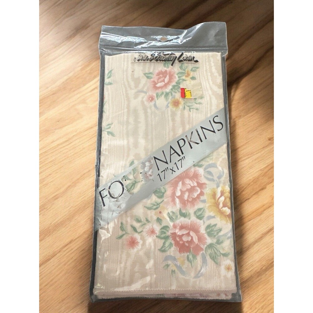 Vintage Floral Cloth Linen Napkins 17x17 Pink Yellow Cottagecore Set of 4